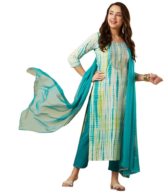 GoSriKi Women's Cotton Blend Straight Printed Kurta with Pant & Dupatta ...